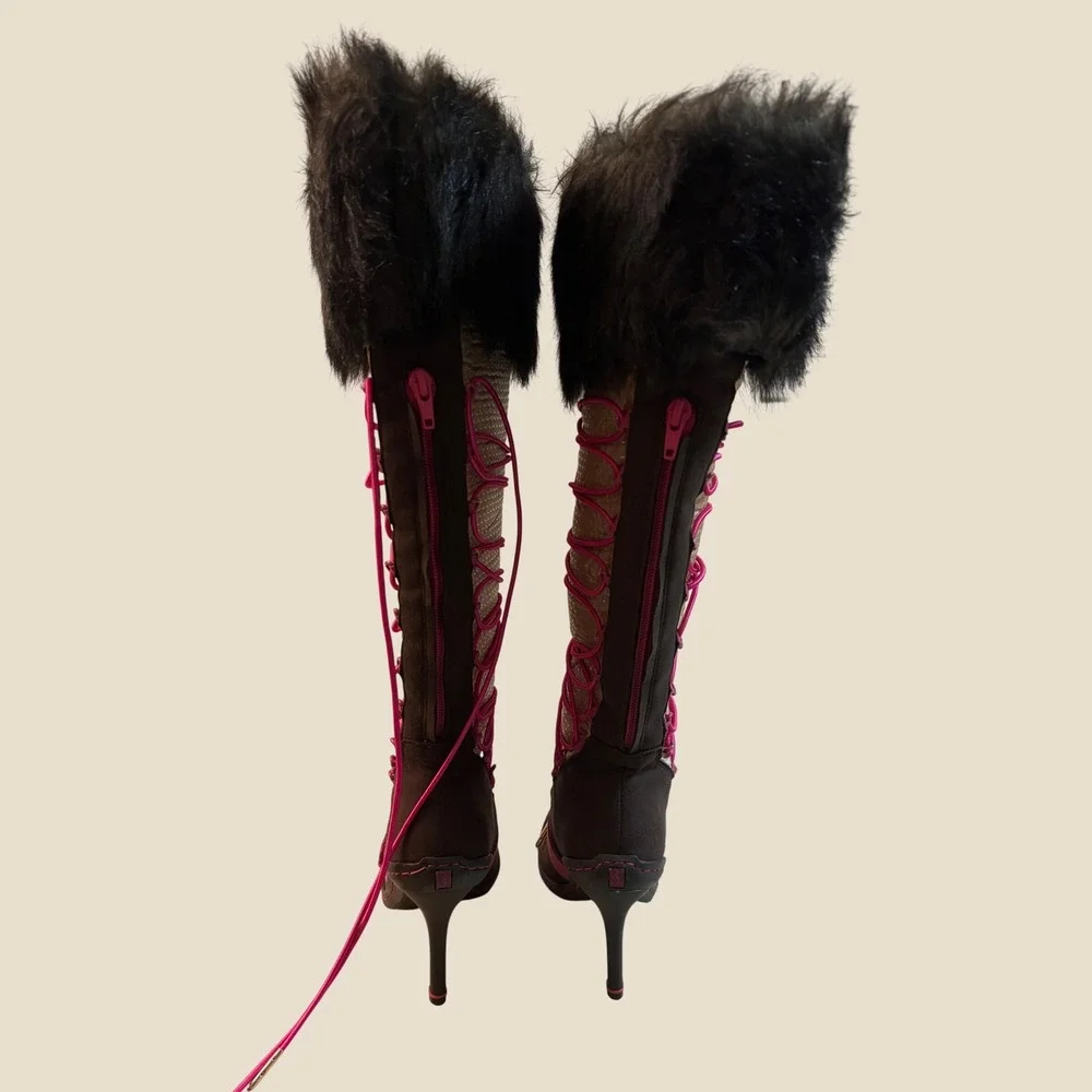 Y2K Rare Baby Phat Grail Faux Fur Stiletto Boots Pink Lace Up Knee High Vintage